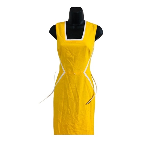 Calvin klein yellow white color block square neck belted sheath dress size 6 new - Picture 11 of 16